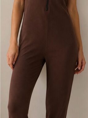 naked wardrobe Ribbed Brown Sleeveless bodycon Jumpsuit with Zip